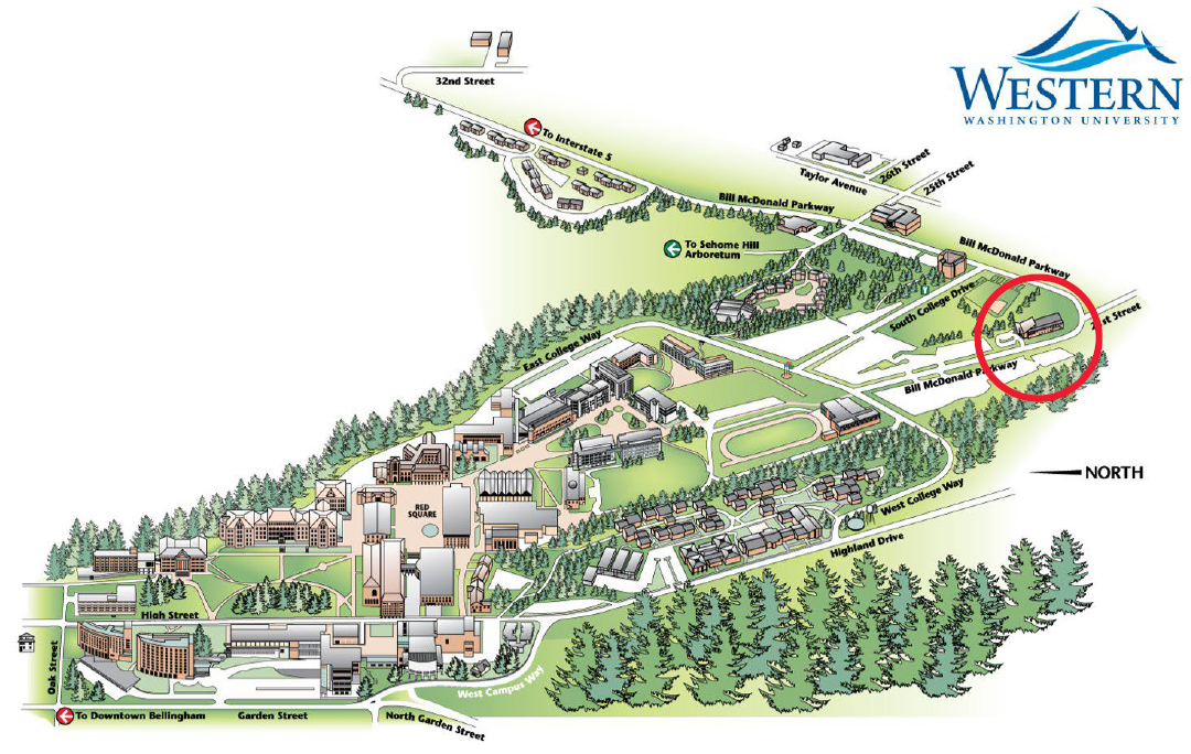 Drawn topographic map of WWU with health center circled in red.